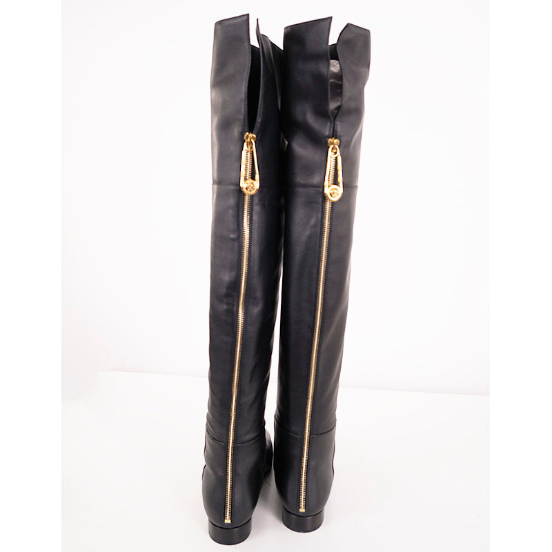 37 NEW $1550 VERSACE Black Leather LOGO SAFETY PIN ZIP BACK Over Knee FLAT BOOTS
