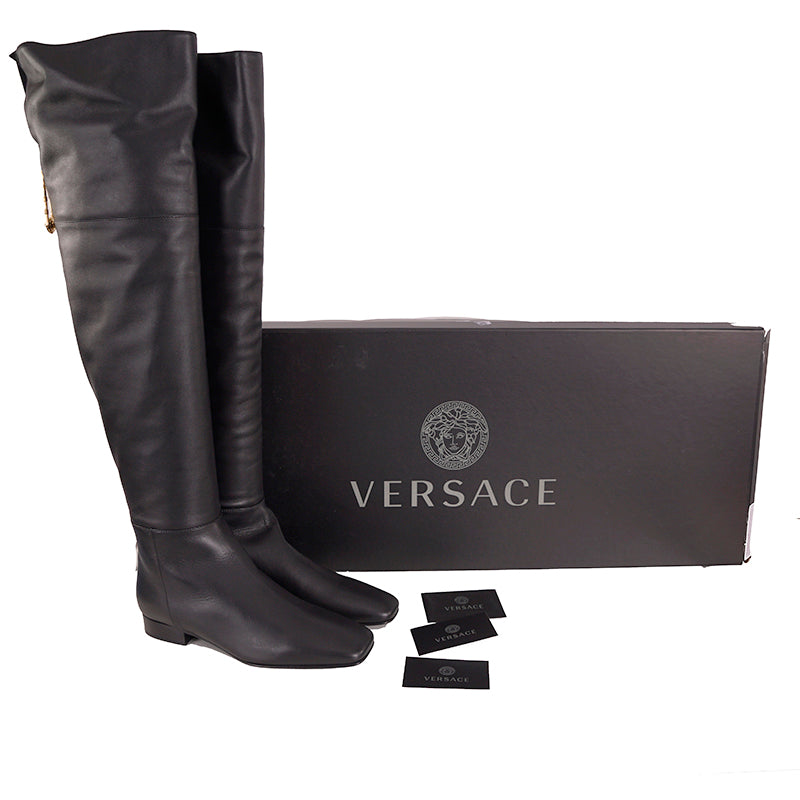 37 NEW $1550 VERSACE Black Leather LOGO SAFETY PIN ZIP BACK Over Knee FLAT BOOTS