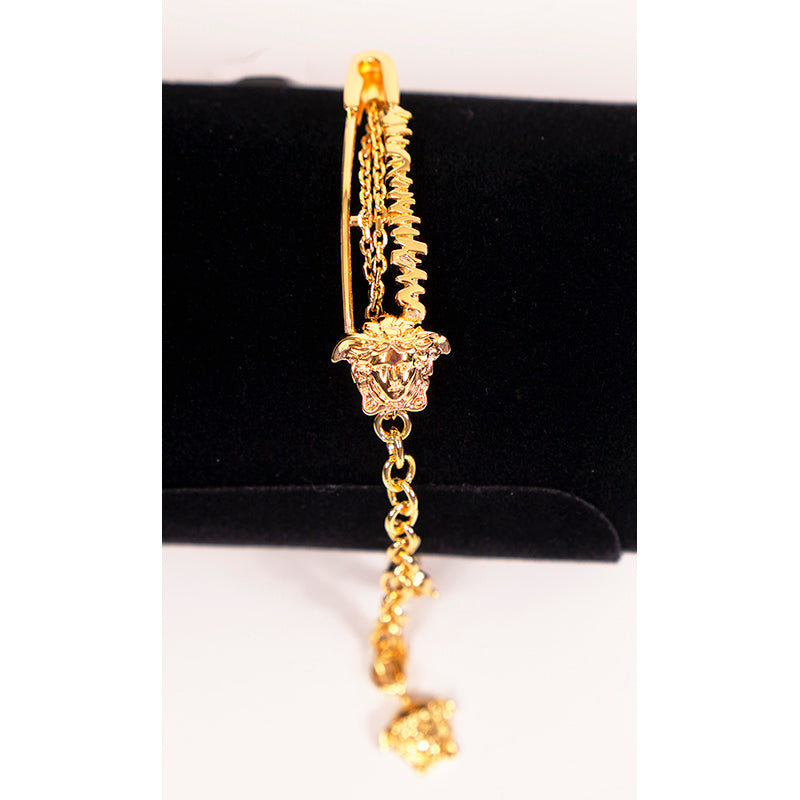 NEW $425 VERSACE TRIBUTE Gold Tone MEDUSA SAFETY PIN Charm Double Link BRACELET
