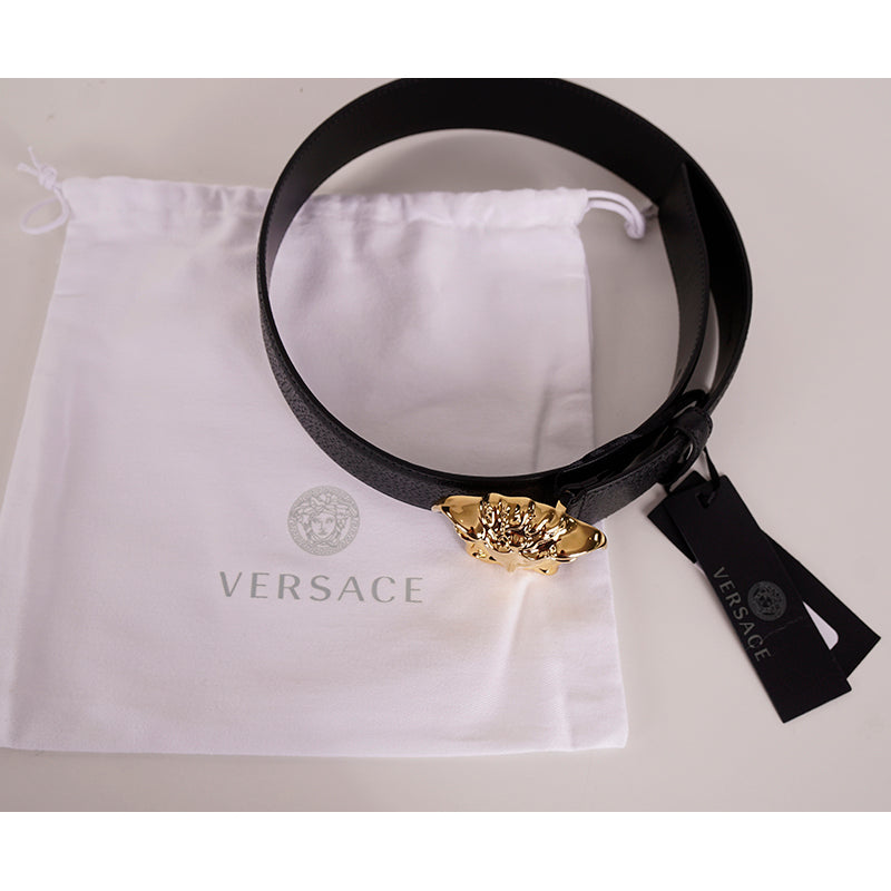 28/70 NEW $425 VERSACE Black Grainy Leather GOLD MEDUSA LOGO Classic WAIST BELT