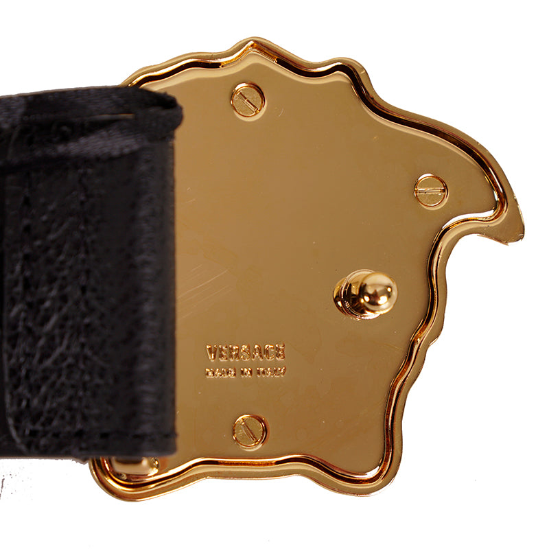 28/70 NEW $425 VERSACE Black Grainy Leather GOLD MEDUSA LOGO Classic WAIST BELT