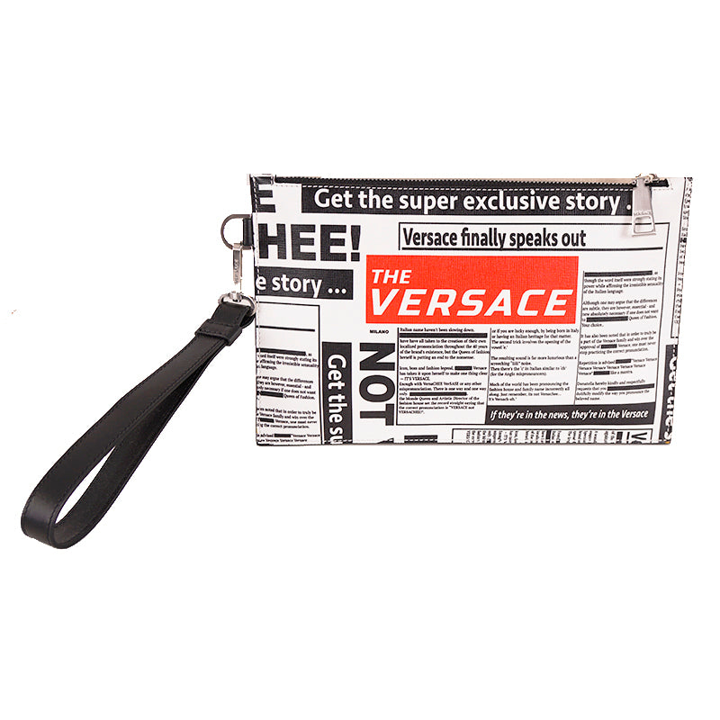 NEW $950 VERSACE White Leather WHITE TABLOID RUNWAY PRINT Wristlet CLUTCH BAG