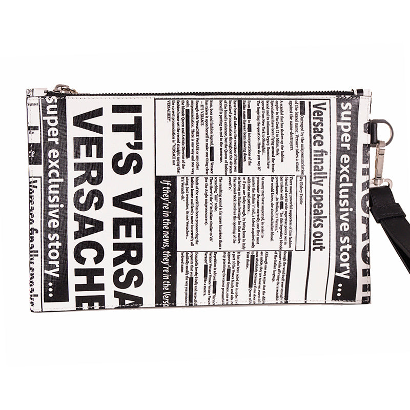NEW $950 VERSACE White Leather WHITE TABLOID RUNWAY PRINT Wristlet CLUTCH BAG