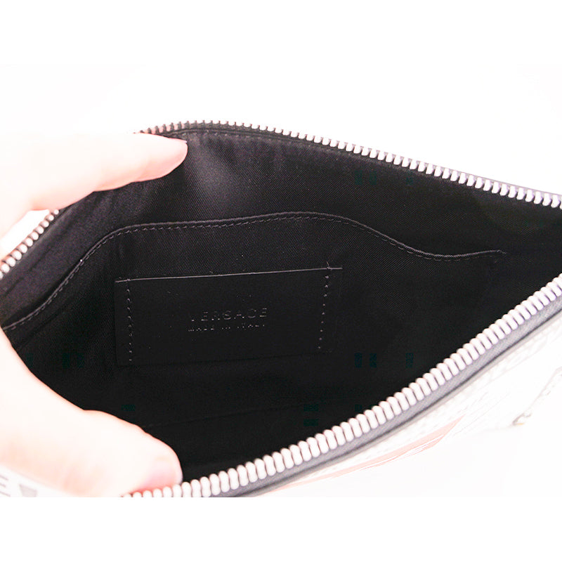 NEW $950 VERSACE White Leather WHITE TABLOID RUNWAY PRINT Wristlet CLUTCH BAG