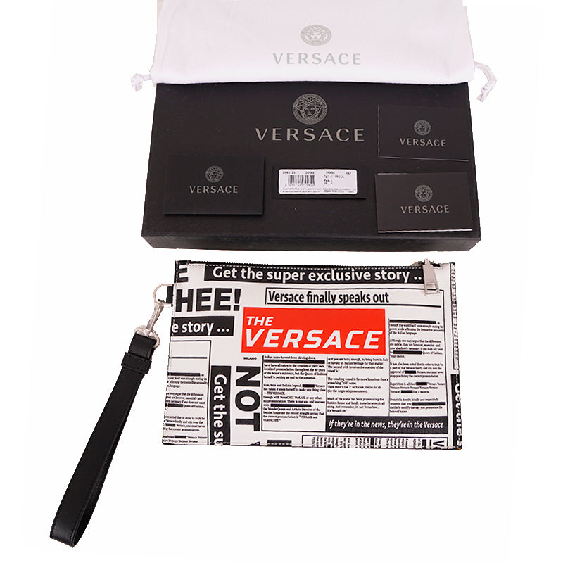 NEW $950 VERSACE White Leather WHITE TABLOID RUNWAY PRINT Wristlet CLUTCH BAG