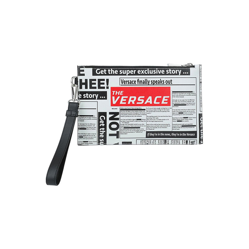 NEW $950 VERSACE White Leather WHITE TABLOID RUNWAY PRINT Wristlet CLUTCH BAG