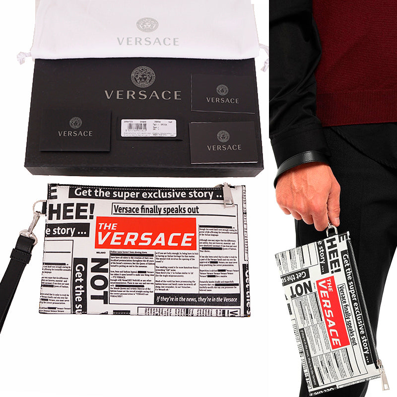 NEW $950 VERSACE White Leather WHITE TABLOID RUNWAY PRINT Wristlet CLUTCH BAG