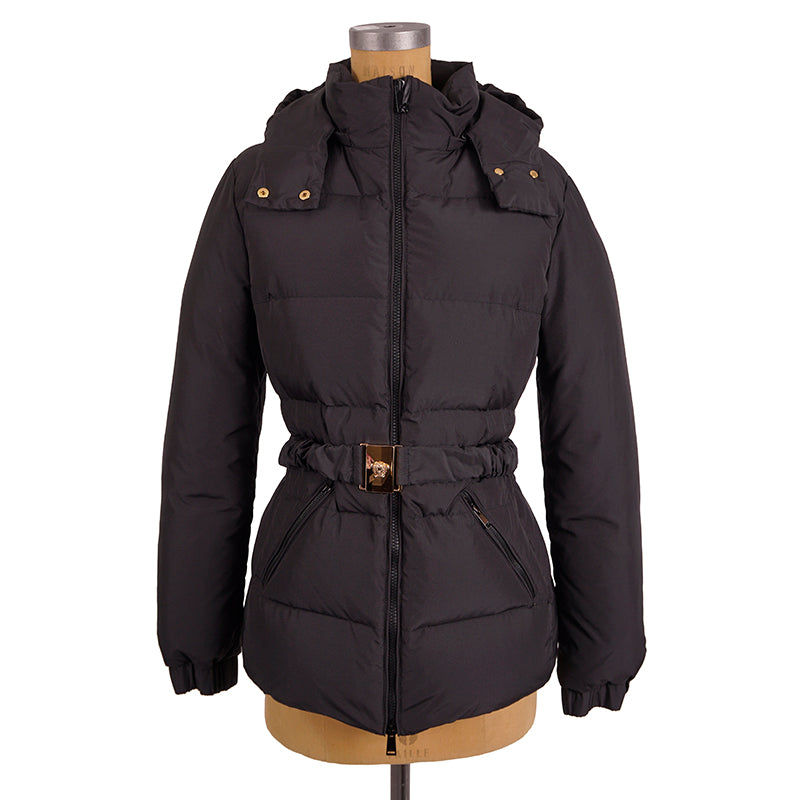 sz 40 NEW $1895 VERSACE Woman's Black GOOSE DOWN Hooded MEDUSA BELT Puffer COAT