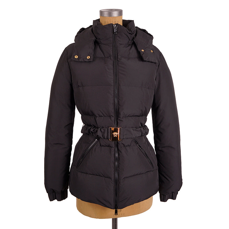 sz 40 NEW $1895 VERSACE Woman's Black GOOSE DOWN Hooded MEDUSA BELT Puffer COAT