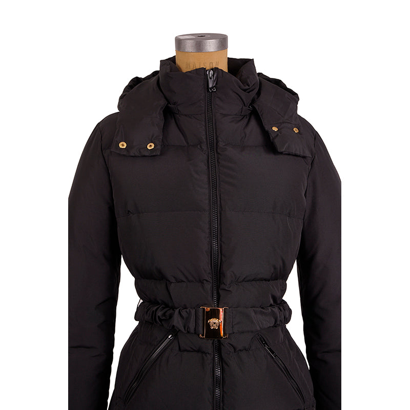 sz 40 NEW $1895 VERSACE Woman's Black GOOSE DOWN Hooded MEDUSA BELT Puffer COAT