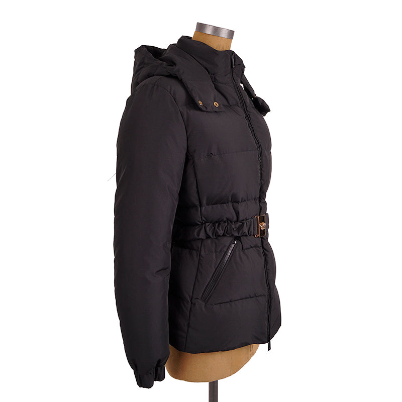 sz 40 NEW $1895 VERSACE Woman's Black GOOSE DOWN Hooded MEDUSA BELT Puffer COAT