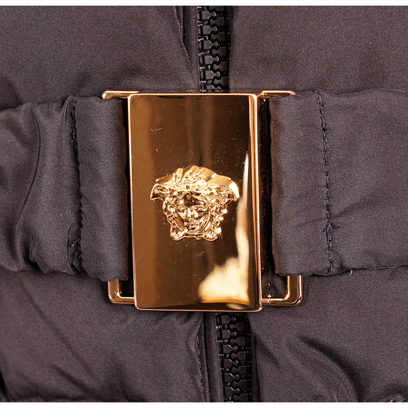 sz 40 NEW $1895 VERSACE Woman's Black GOOSE DOWN Hooded MEDUSA BELT Puffer COAT