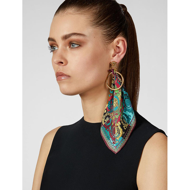 NEW VERSACE VOYAGE BAROCCO SILK SCARF Brass Gold MEDUSA HOOP Pierced EARRINGS