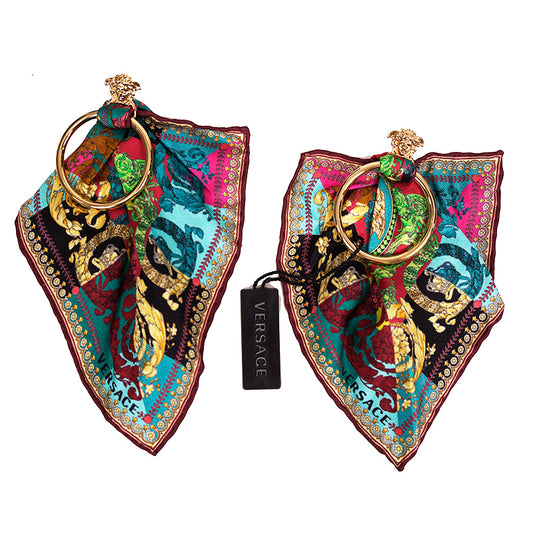 NEW VERSACE VOYAGE BAROCCO SILK SCARF Brass Gold MEDUSA HOOP Pierced EARRINGS