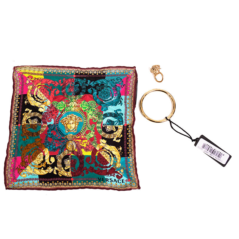 NEW VERSACE VOYAGE BAROCCO SILK SCARF Brass Gold MEDUSA HOOP Pierced EARRINGS