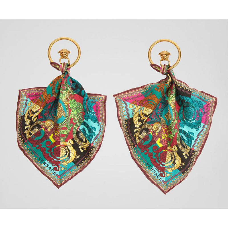 NEW VERSACE VOYAGE BAROCCO SILK SCARF Brass Gold MEDUSA HOOP Pierced EARRINGS