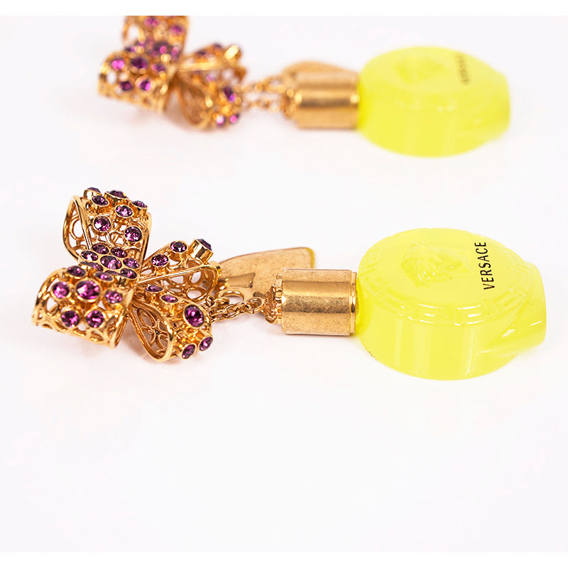 NEW $1,195 VERSACE RUNWAY Yellow Glass MEDUSA PERFUME BOTTLE Bow Drop EARRINGS