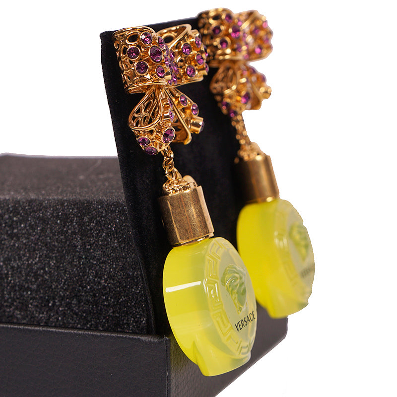 NEW $1,195 VERSACE RUNWAY Yellow Glass MEDUSA PERFUME BOTTLE Bow Drop EARRINGS