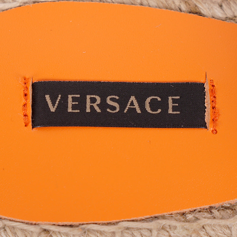 37 & 38 NEW $495 VERSACE Orange Leather LA MEDUSA LOGO Espadrille SUMMER FLATS MULES