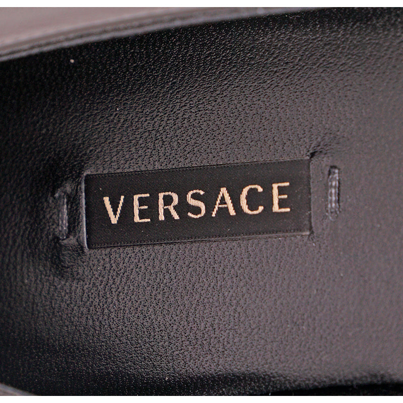 38 NEW $695 VERSACE Black Leather TICKER TAPE LOGO Pointed Toe BALLET FLATS
