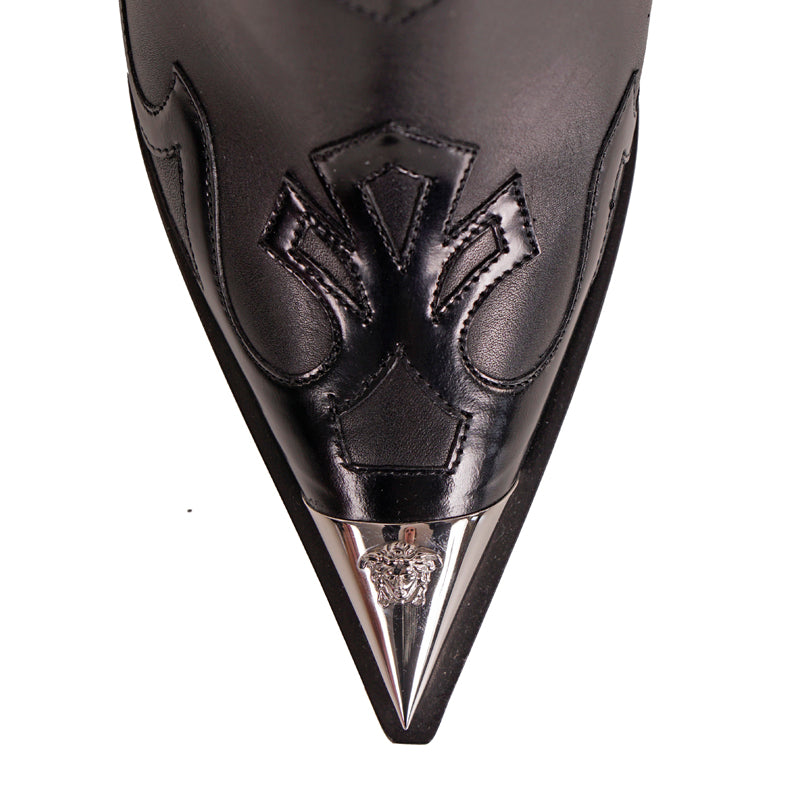 37 NEW $1,396 VERSACE RUNWAY Black Leather Western V COWBOY SLINGBACK HEELS Pump