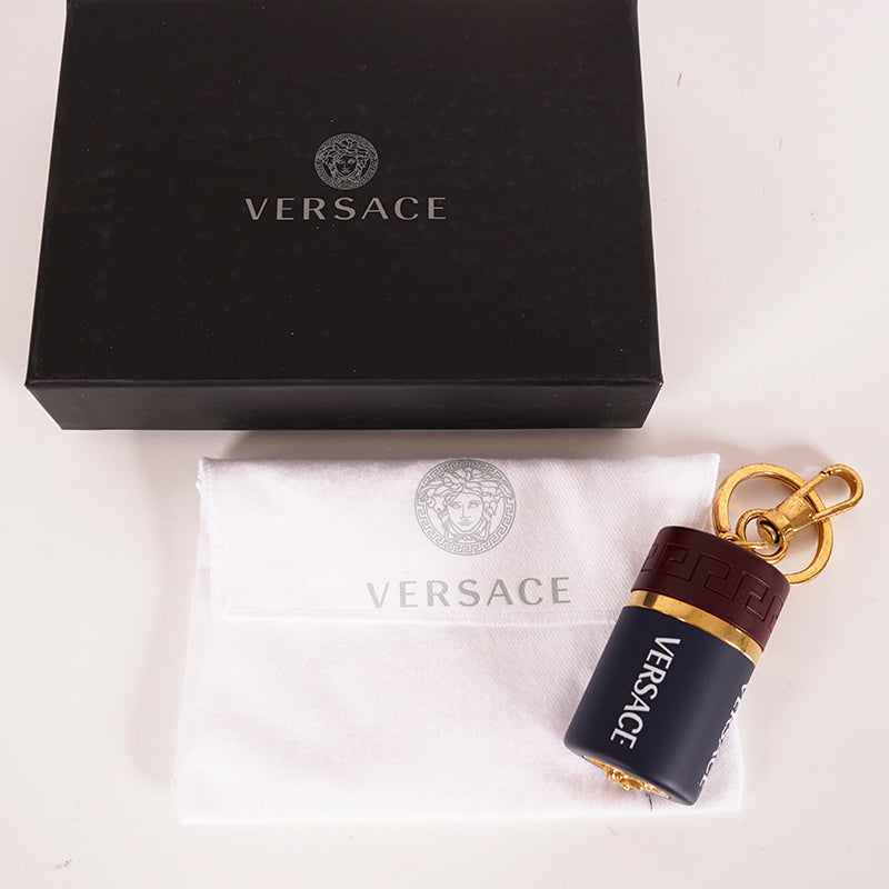 NEW $825 VERSACE Red Navy Gold Tone Metal MEDUSA LOGO Bag Fob BATTERY KEYRING