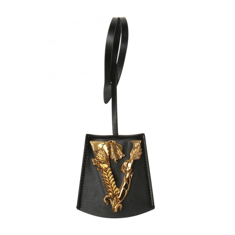 NEW $395 VERSACE Black Leather VIRTUS V LOGO Gold Tone Large BAG FOB KEYRING NIB