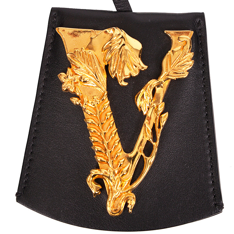 NEW $395 VERSACE Black Leather VIRTUS V LOGO Gold Tone Large BAG FOB KEYRING NIB