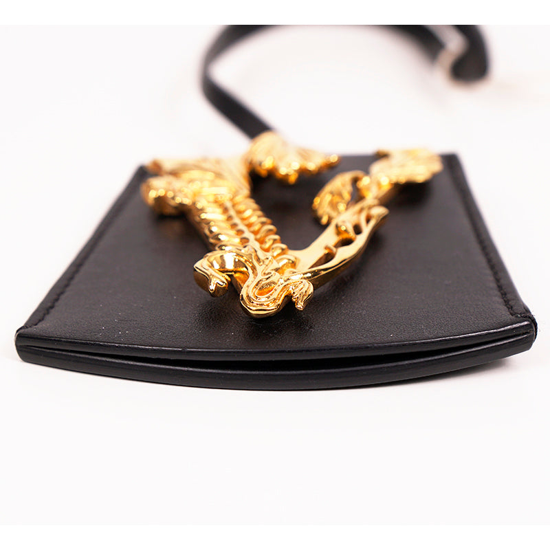 NEW $395 VERSACE Black Leather VIRTUS V LOGO Gold Tone Large BAG FOB KEYRING NIB