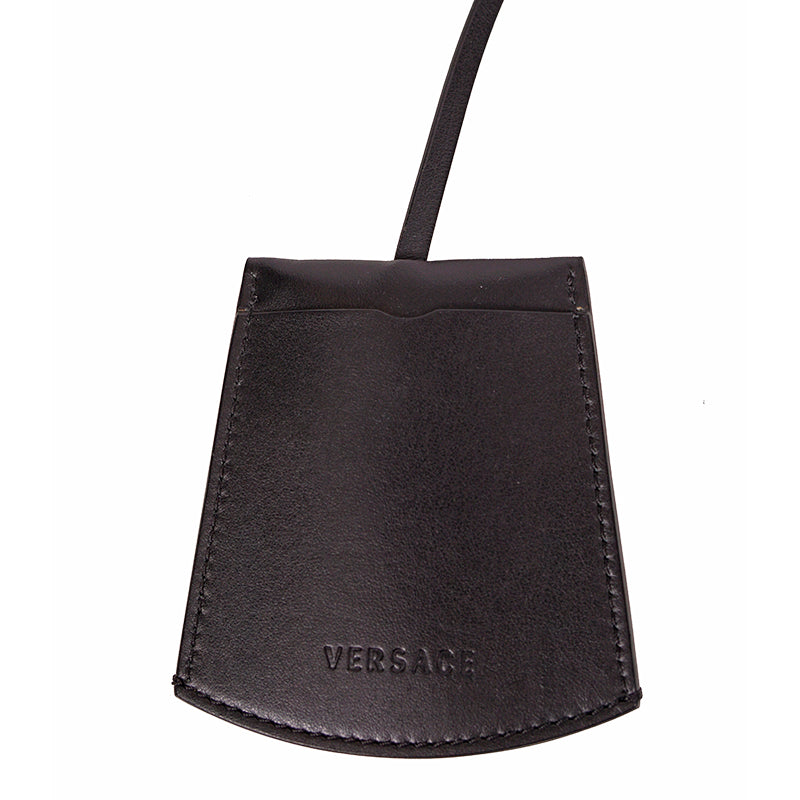 NEW $395 VERSACE Black Leather VIRTUS V LOGO Gold Tone Large BAG FOB KEYRING NIB