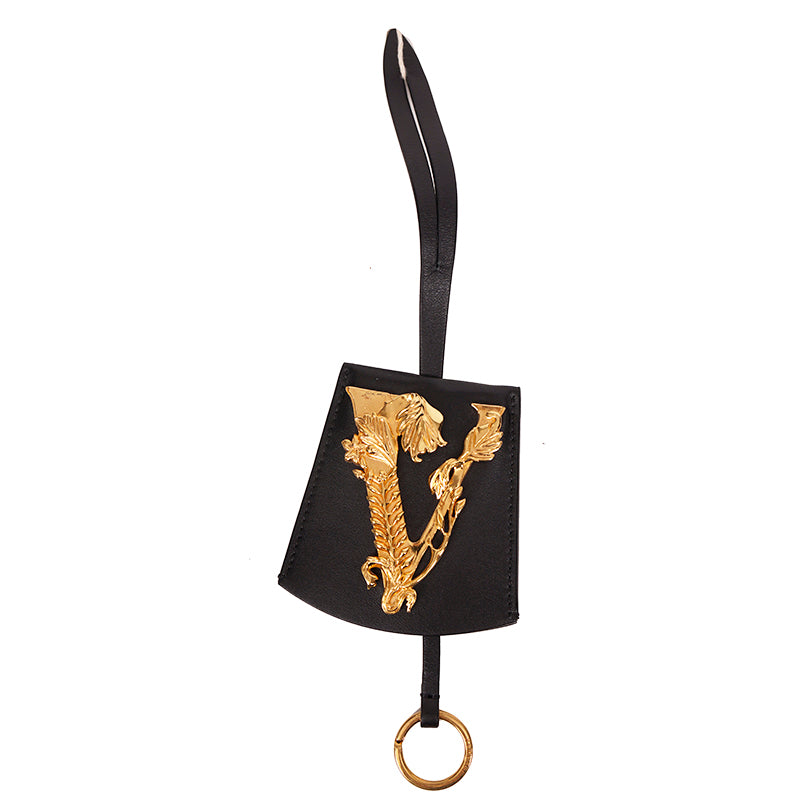 NEW $395 VERSACE Black Leather VIRTUS V LOGO Gold Tone Large BAG FOB KEYRING NIB