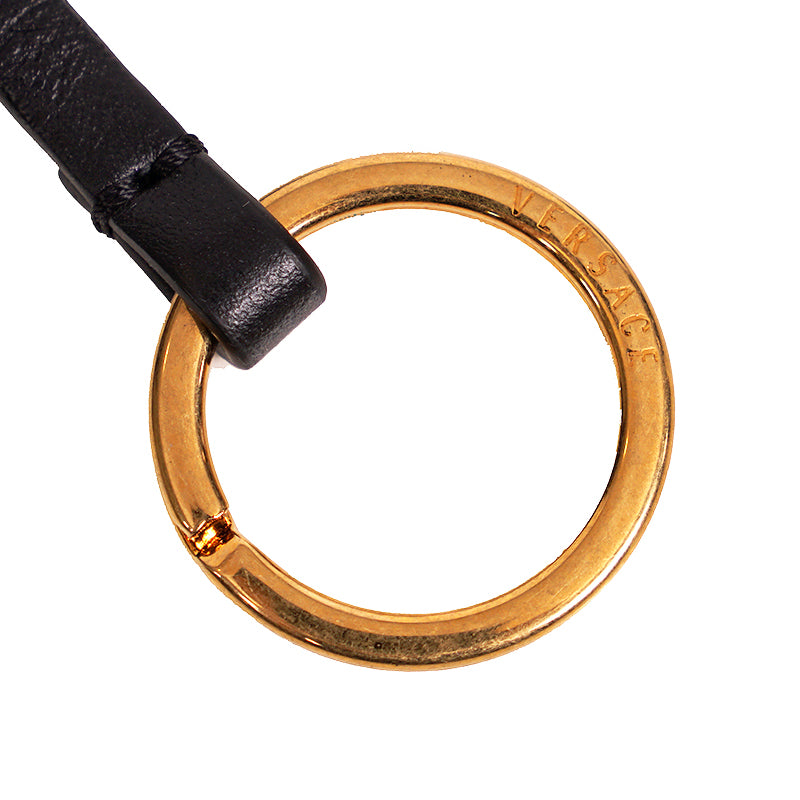 NEW $395 VERSACE Black Leather VIRTUS V LOGO Gold Tone Large BAG FOB KEYRING NIB