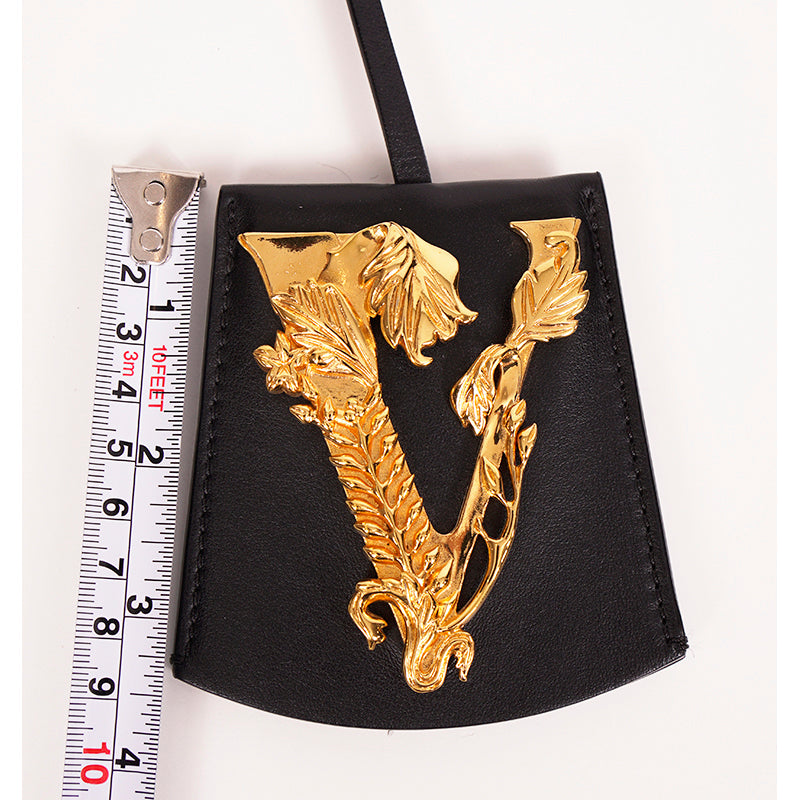 NEW $395 VERSACE Black Leather VIRTUS V LOGO Gold Tone Large BAG FOB KEYRING NIB