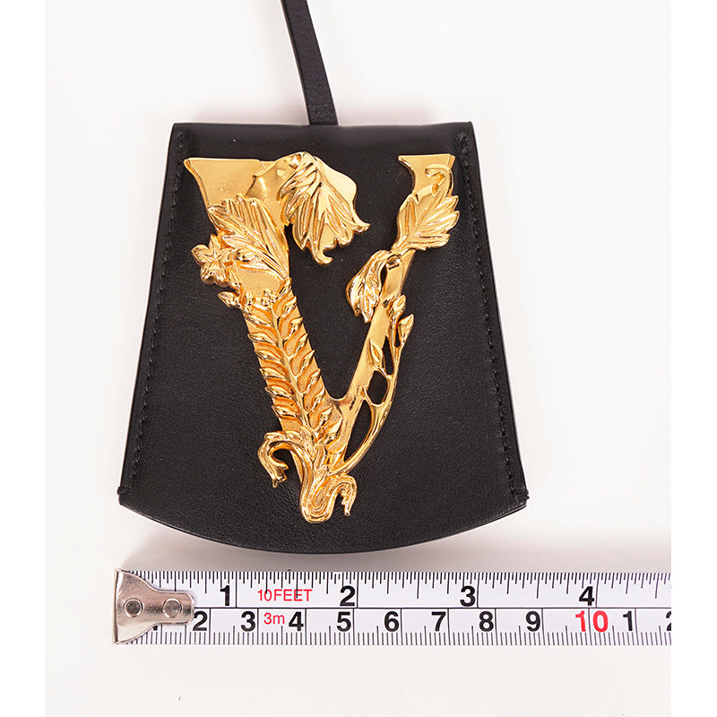 NEW $395 VERSACE Black Leather VIRTUS V LOGO Gold Tone Large BAG FOB KEYRING NIB