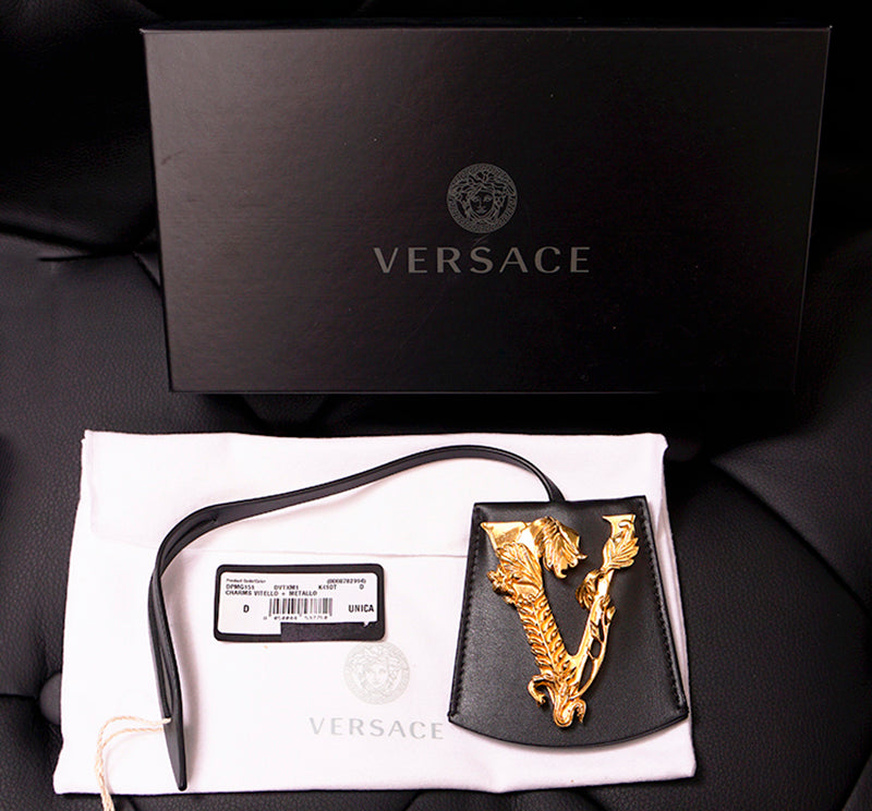 NEW $395 VERSACE Black Leather VIRTUS V LOGO Gold Tone Large BAG FOB KEYRING NIB