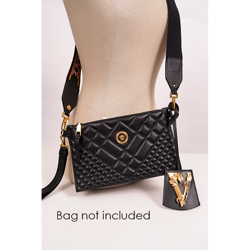 NEW $395 VERSACE Black Leather VIRTUS V LOGO Gold Tone Large BAG FOB KEYRING NIB