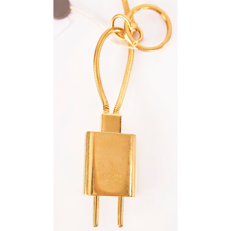 NEW $450 VERSACE RUNWAY GoldTone Metal MEDUSA LOGO Bag Fob POWER PLUG KEYRING
