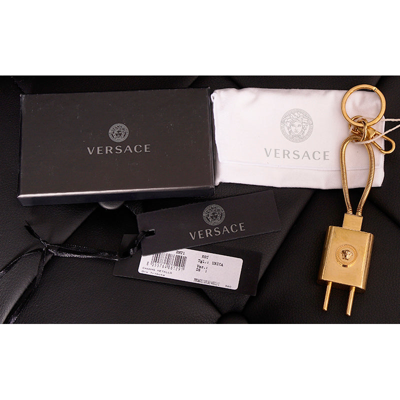 NEW $450 VERSACE RUNWAY GoldTone Metal MEDUSA LOGO Bag Fob POWER PLUG KEYRING
