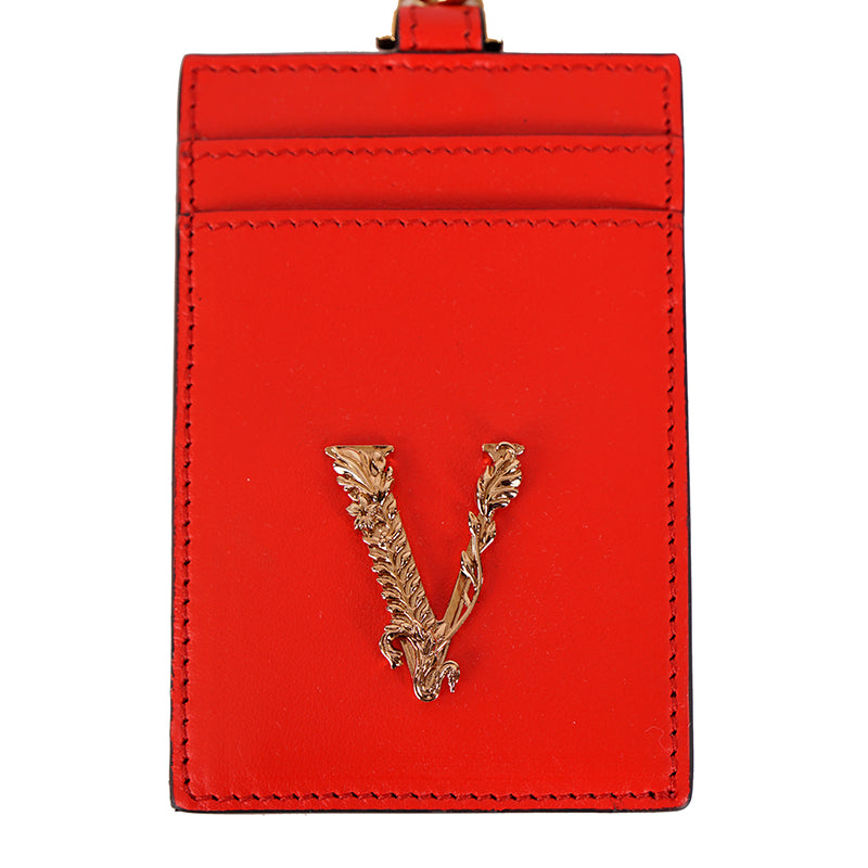 NEW $375 VERSACE Red Leather GOLD BAROCCO V LOGO VIRTUS Lanyard ID CARD CASE