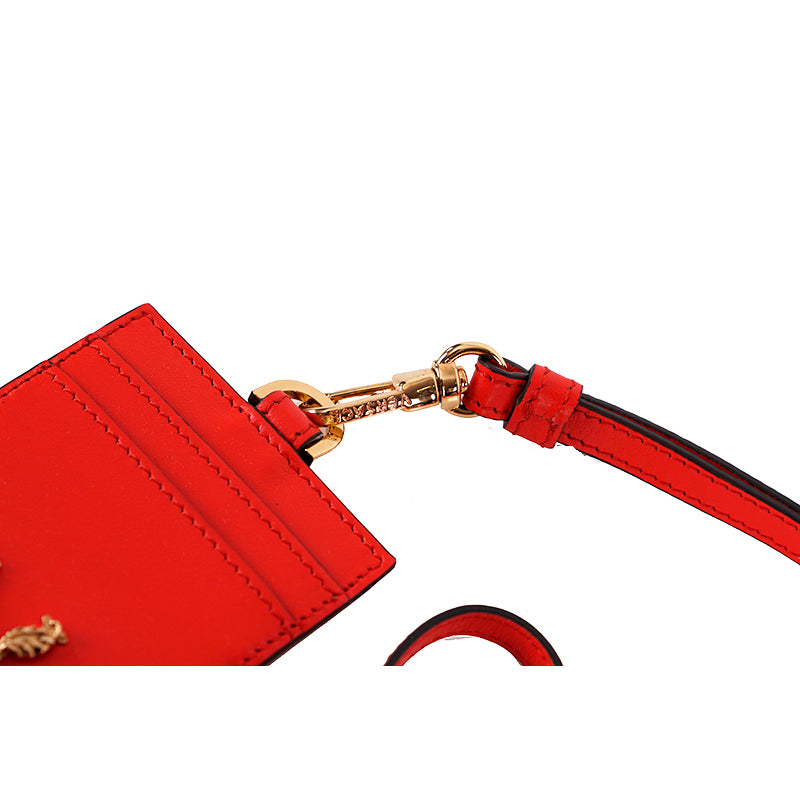 NEW $375 VERSACE Red Leather GOLD BAROCCO V LOGO VIRTUS Lanyard ID CARD CASE