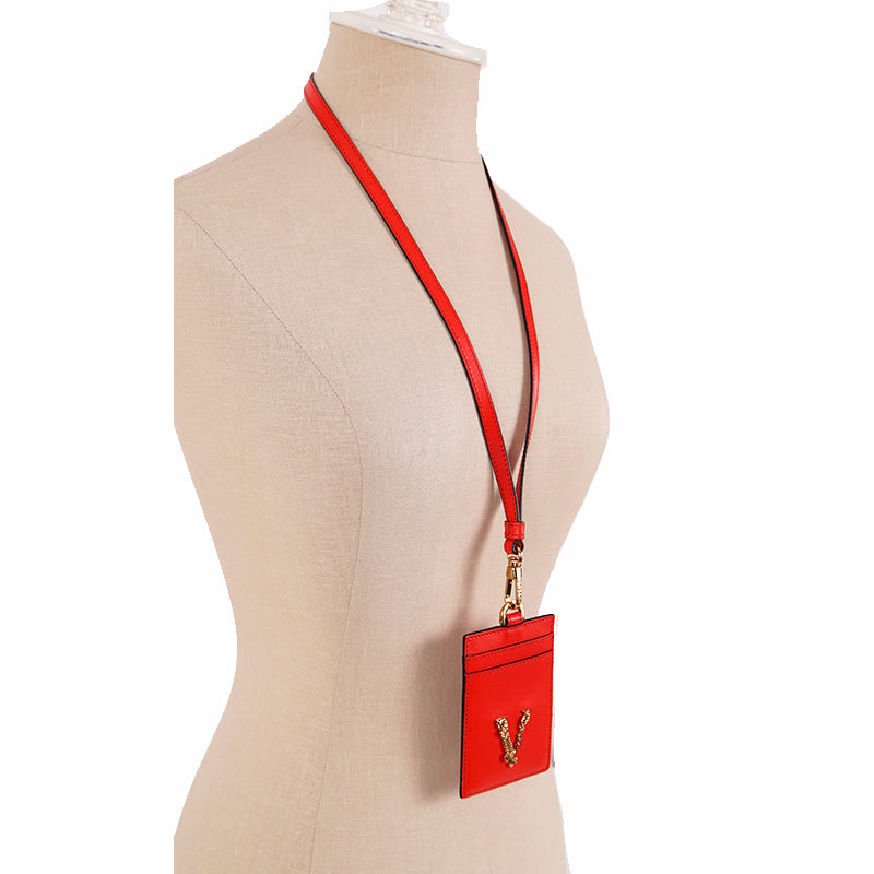 NEW $375 VERSACE Red Leather GOLD BAROCCO V LOGO VIRTUS Lanyard ID CARD CASE