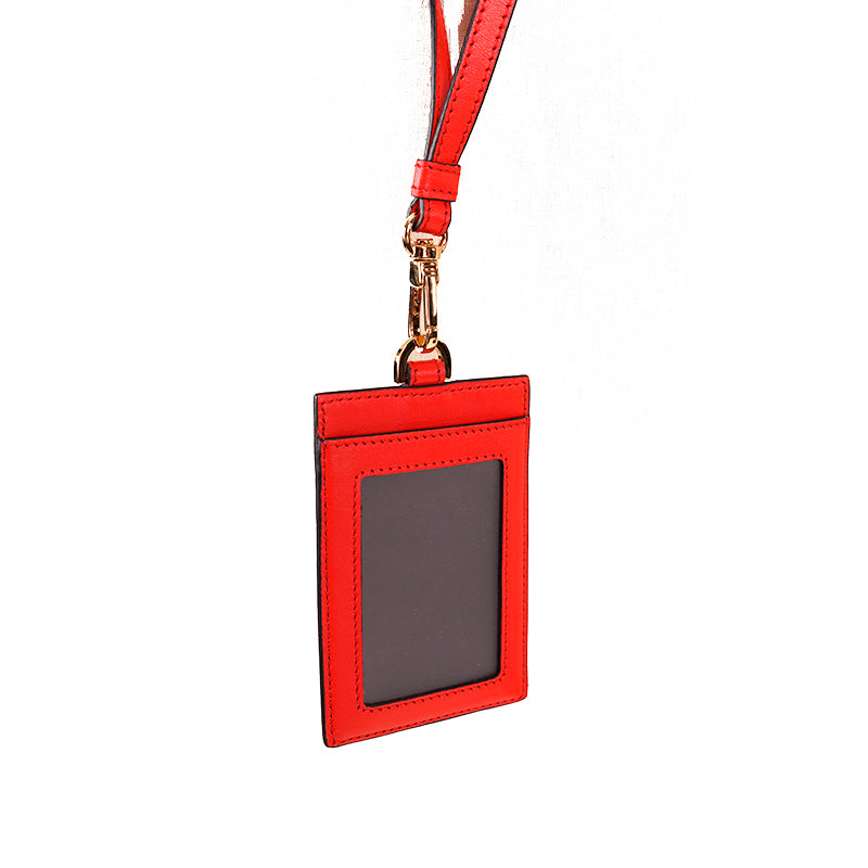 NEW $375 VERSACE Red Leather GOLD BAROCCO V LOGO VIRTUS Lanyard ID CARD CASE