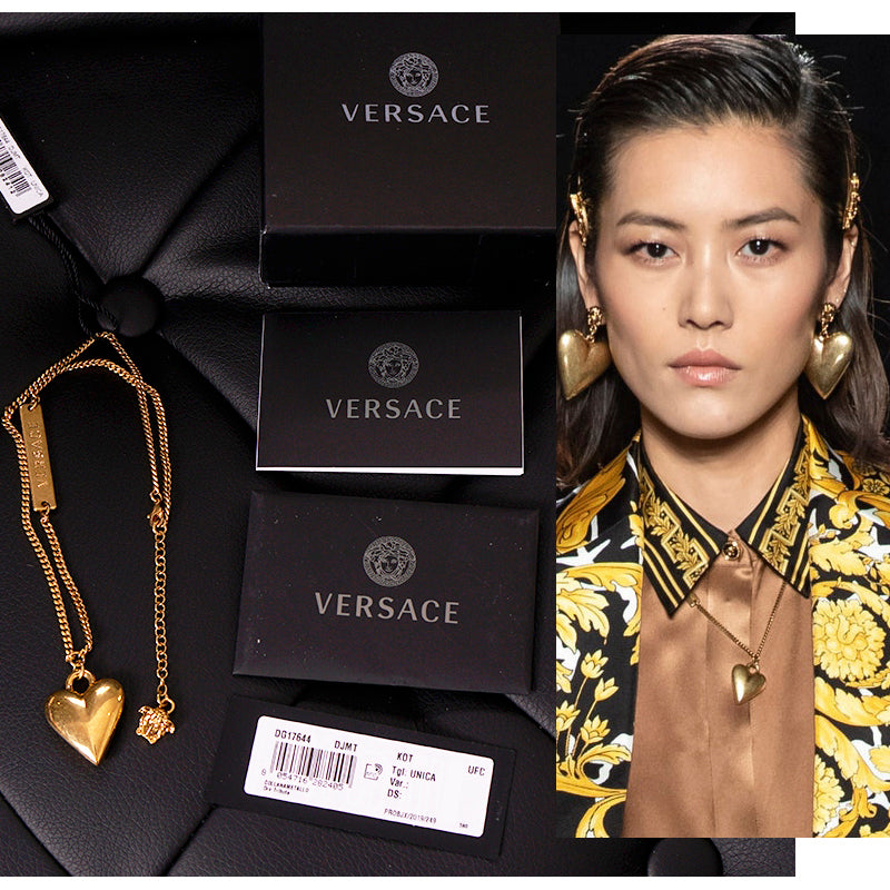 NEW $650 VERSACE Runway Gold Tone TRIBUTE Heart Pendant Curb Link NECKLACE NIB