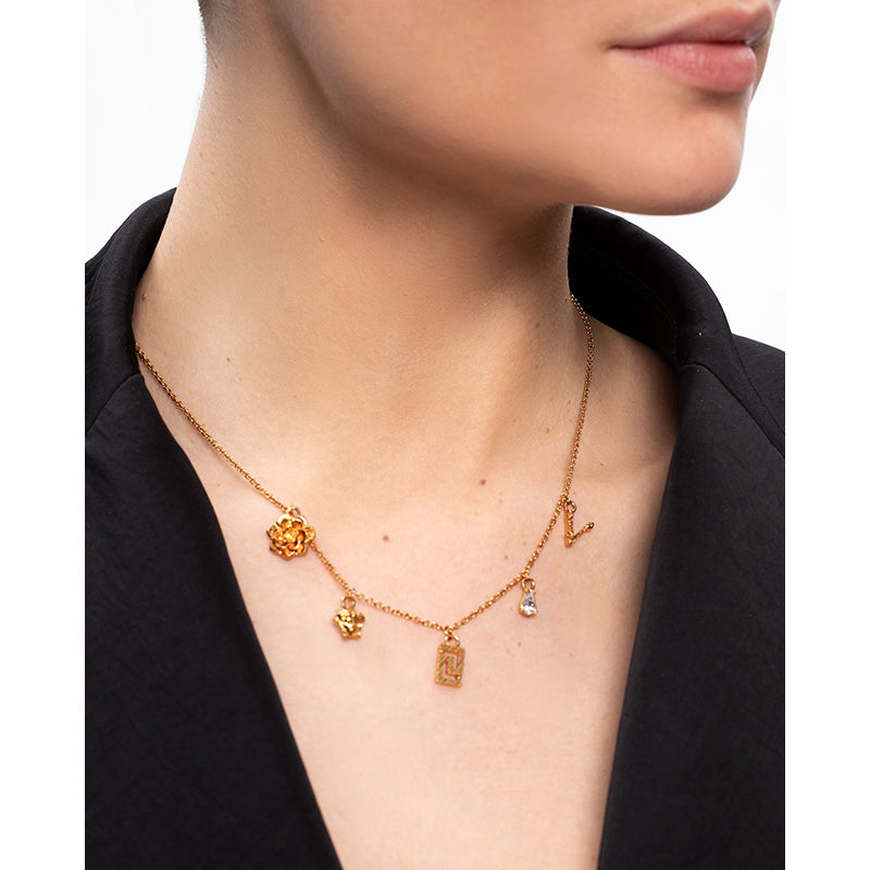 NEW $625 VERSACE Tribute Gold Brass MICRO CHARM Logo MEDUSA, GRECA & V NECKLACE
