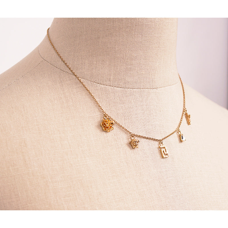 NEW $625 VERSACE Tribute Gold Brass MICRO CHARM Logo MEDUSA, GRECA & V NECKLACE