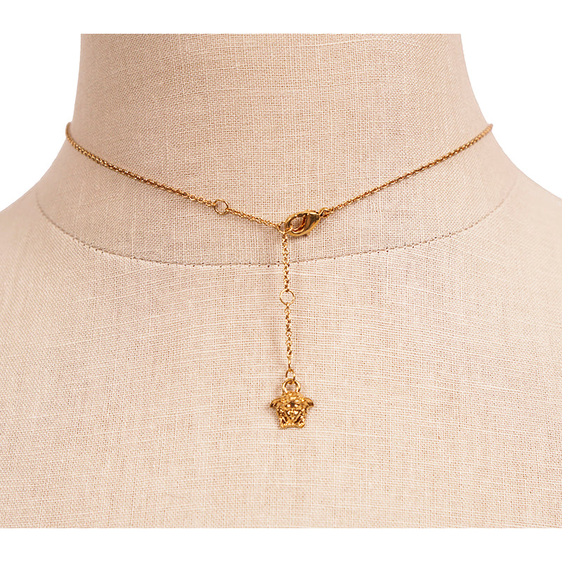 NEW $625 VERSACE Tribute Gold Brass MICRO CHARM Logo MEDUSA, GRECA & V NECKLACE