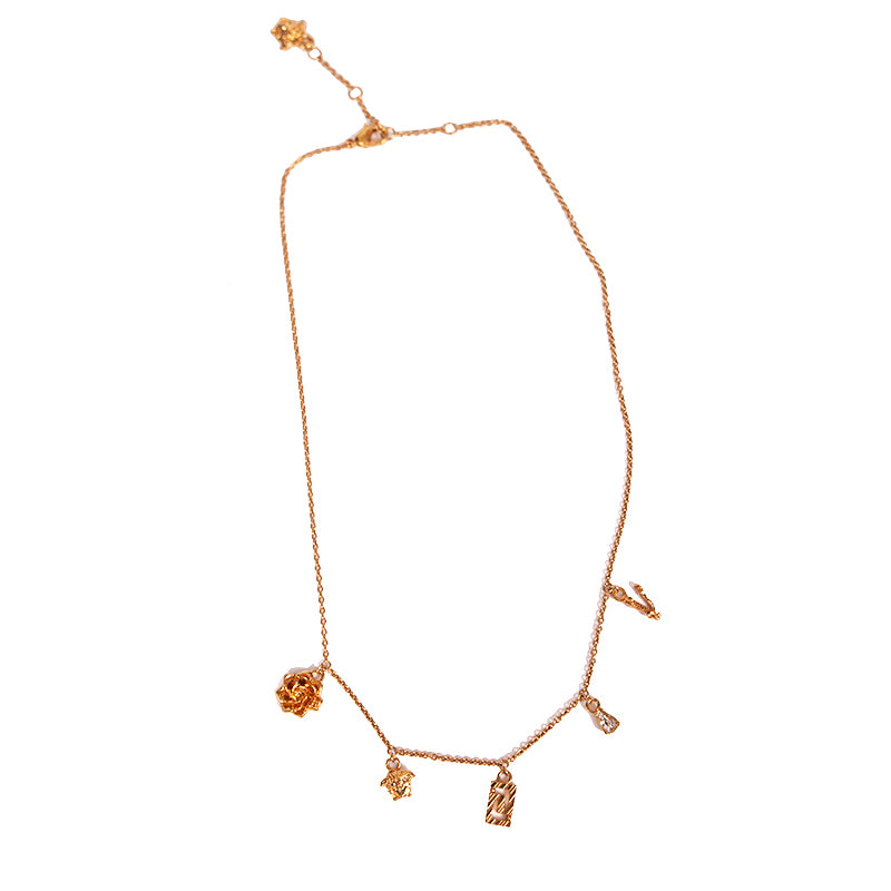 NEW $625 VERSACE Tribute Gold Brass MICRO CHARM Logo MEDUSA, GRECA & V NECKLACE