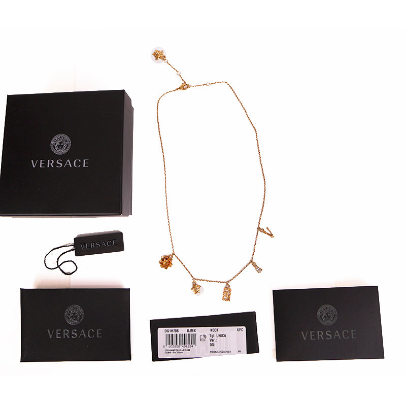 NEW $625 VERSACE Tribute Gold Brass MICRO CHARM Logo MEDUSA, GRECA & V NECKLACE