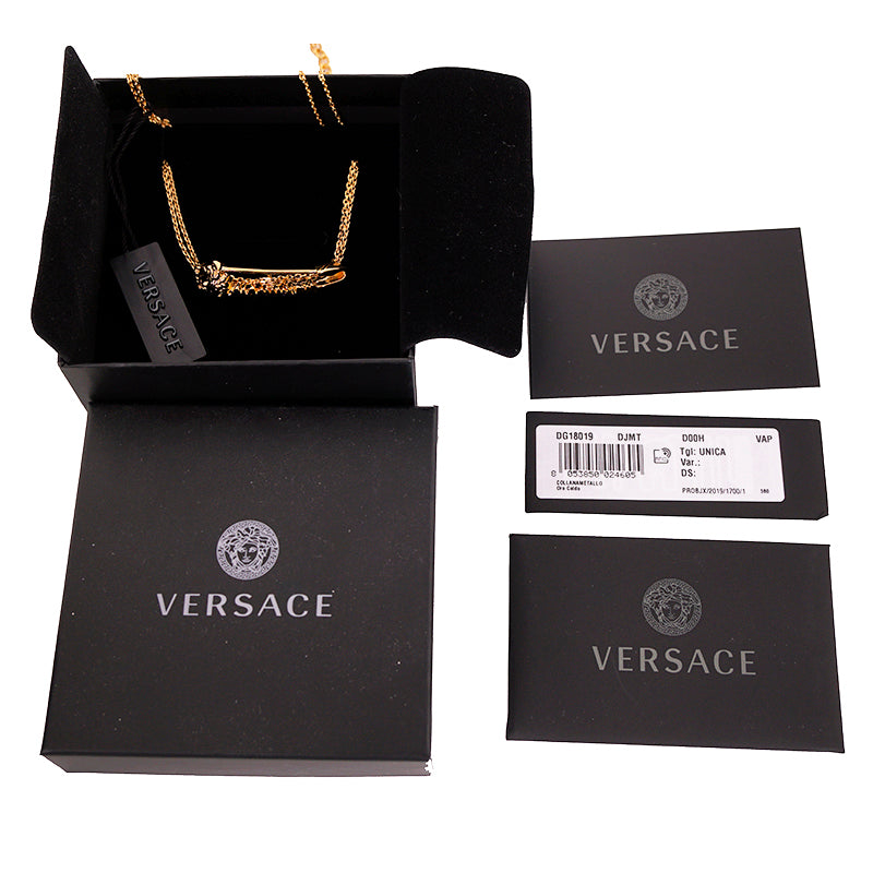 NEW $625 VERSACE TRIBUTE Gold Tone MEDUSA SAFETY PIN Charm Double Link NECKLACE