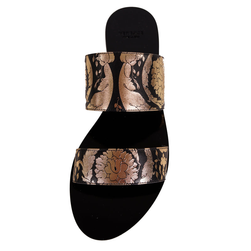 38 NEW $695 VERSACE Black Leather GOLD BAROQUE FLORAL Slide FLATS SANDALS NIB